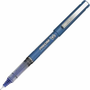 A blue pen with a white tip and black ink.