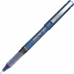 A blue pen with a black tip and white writing.