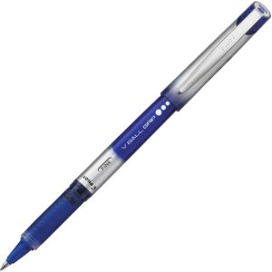 A blue and silver pen with a black tip.