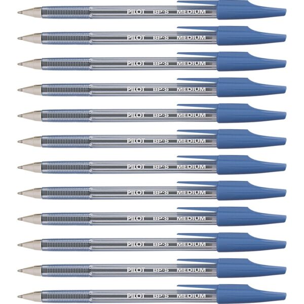 A group of blue pens with writing on them.