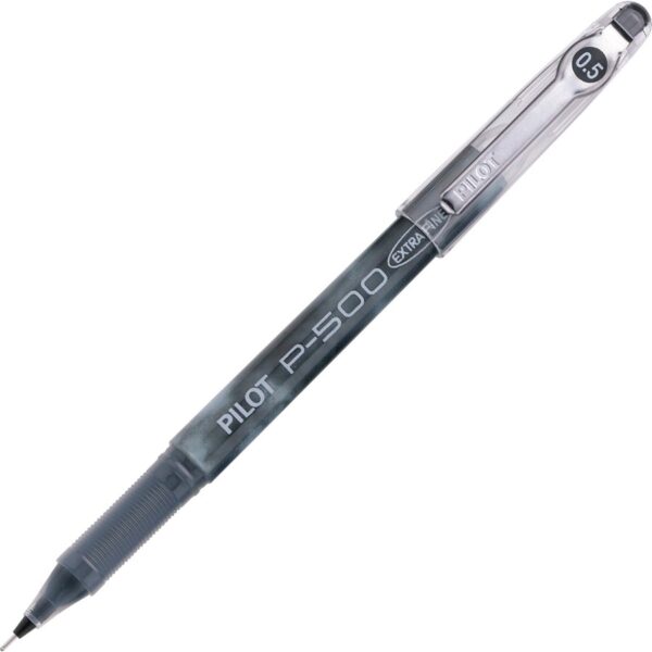 A pen with a black tip and white writing on it.