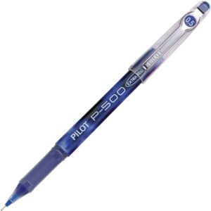 A blue pen with a black tip and white writing.