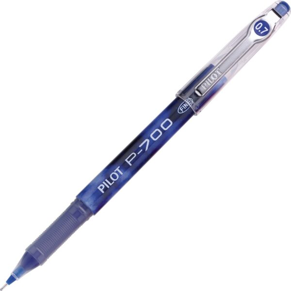 A blue pen with a white tip and black ink.