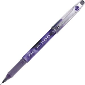 A purple pen with the tip of it turned to the left.